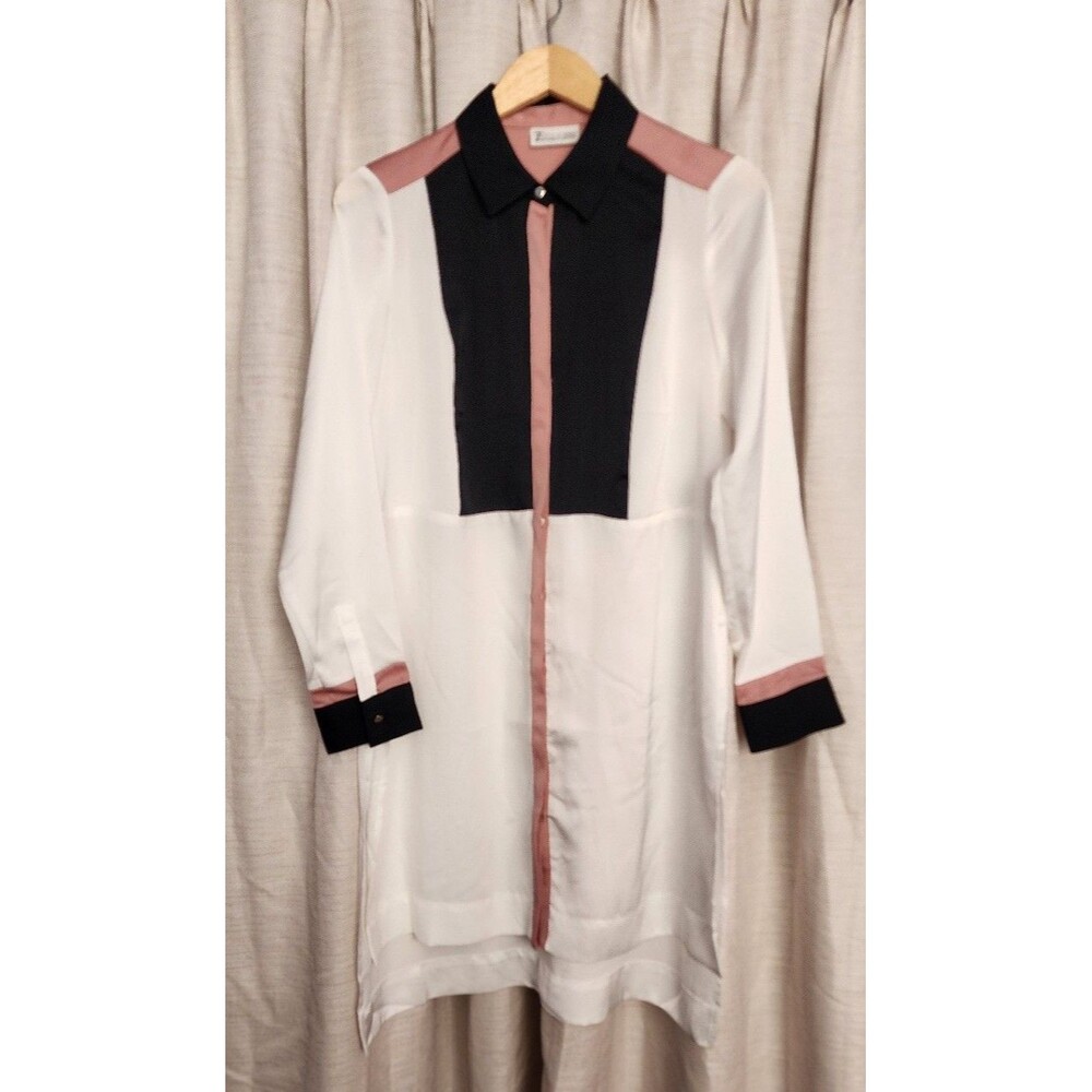 NY&Co color block tunic button-down shirt featuring black, pink, white Medium
